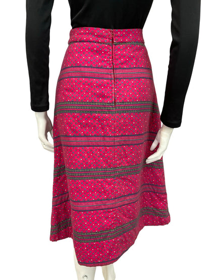 VTG 60S 70S PINK BLUE WHITE DITY FLORAL HIPPY BOHO A LINE QUILTED MIDI SKIRT 10