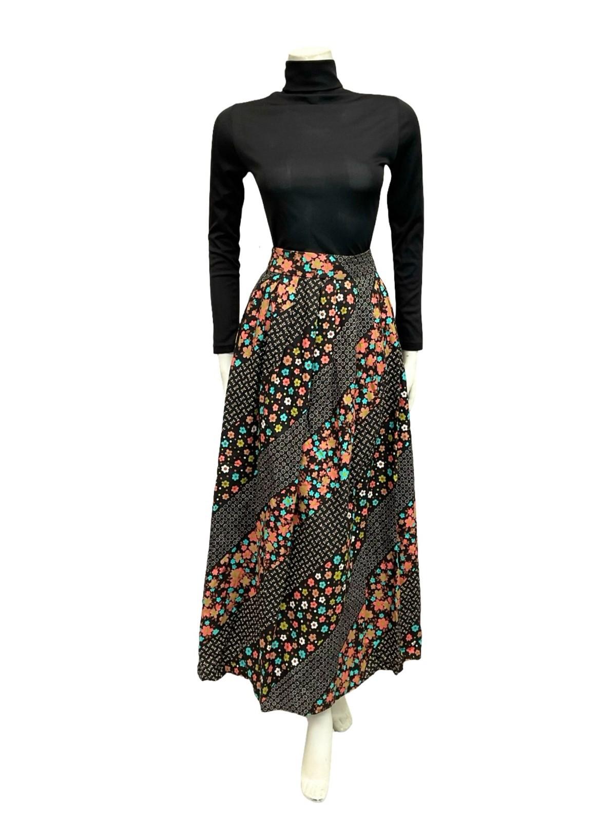 VTG 70S BOHO BLACK WHITE PINK BLUE FLORAL STRIPED COTTON MAXI SKIRT 8 10 S