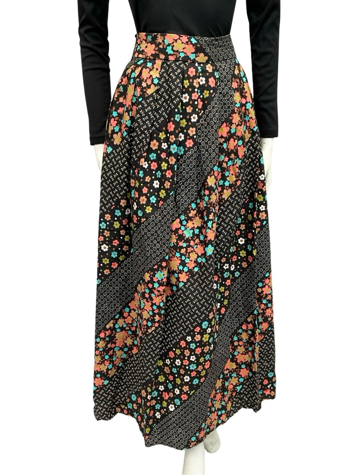 VTG 70S BOHO BLACK WHITE PINK BLUE FLORAL STRIPED COTTON MAXI SKIRT 8 10 S