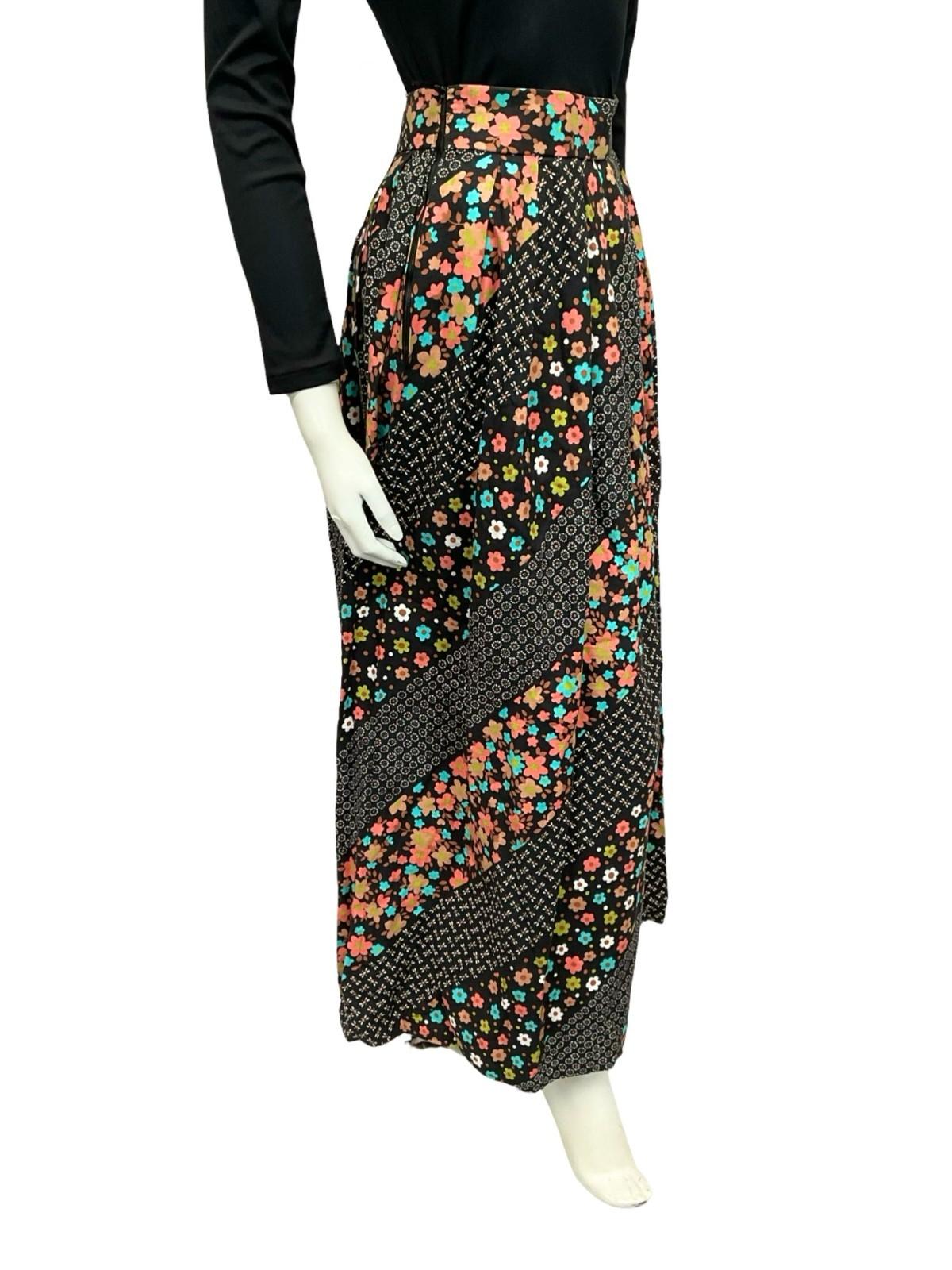 VTG 70S BOHO BLACK WHITE PINK BLUE FLORAL STRIPED COTTON MAXI SKIRT 8 10 S