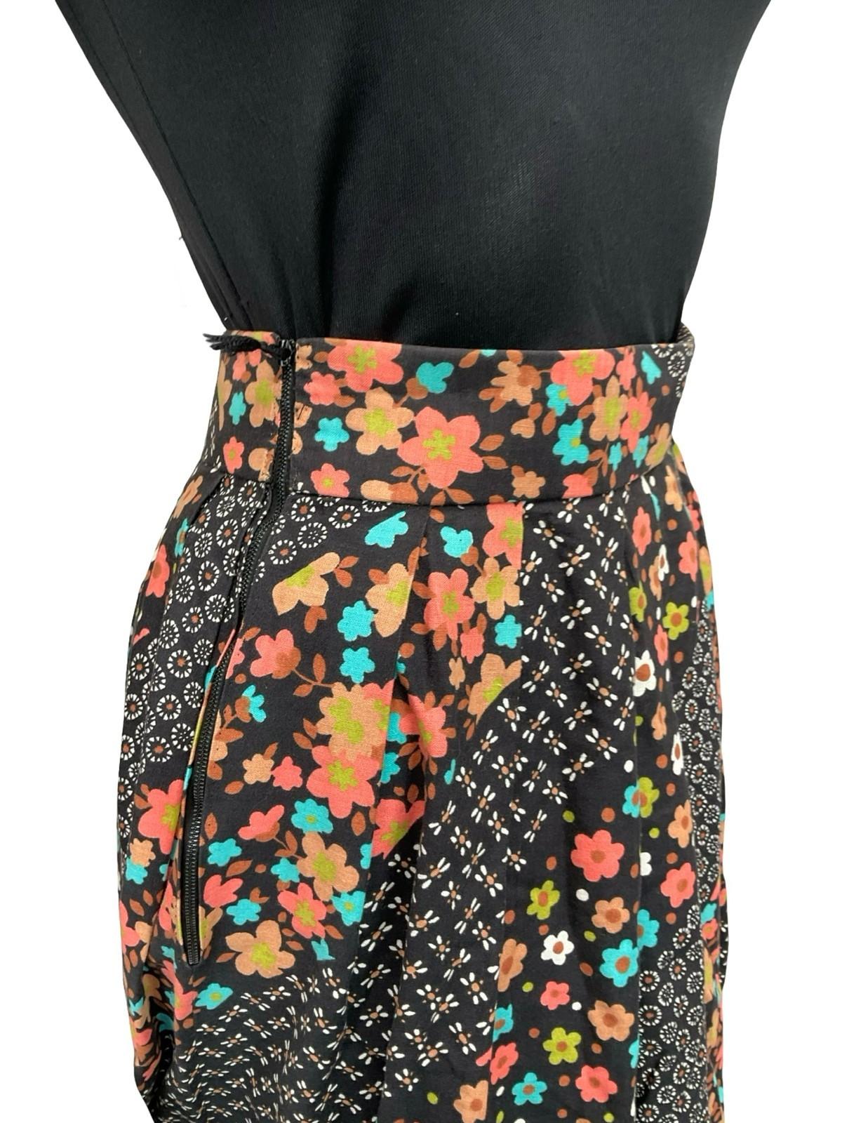 VTG 70S BOHO BLACK WHITE PINK BLUE FLORAL STRIPED COTTON MAXI SKIRT 8 10 S