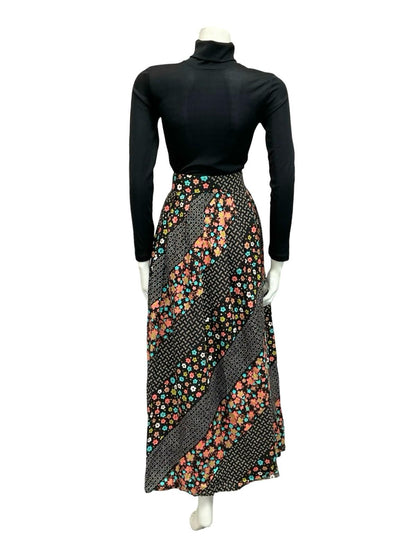 VTG 70S BOHO BLACK WHITE PINK BLUE FLORAL STRIPED COTTON MAXI SKIRT 8 10 S