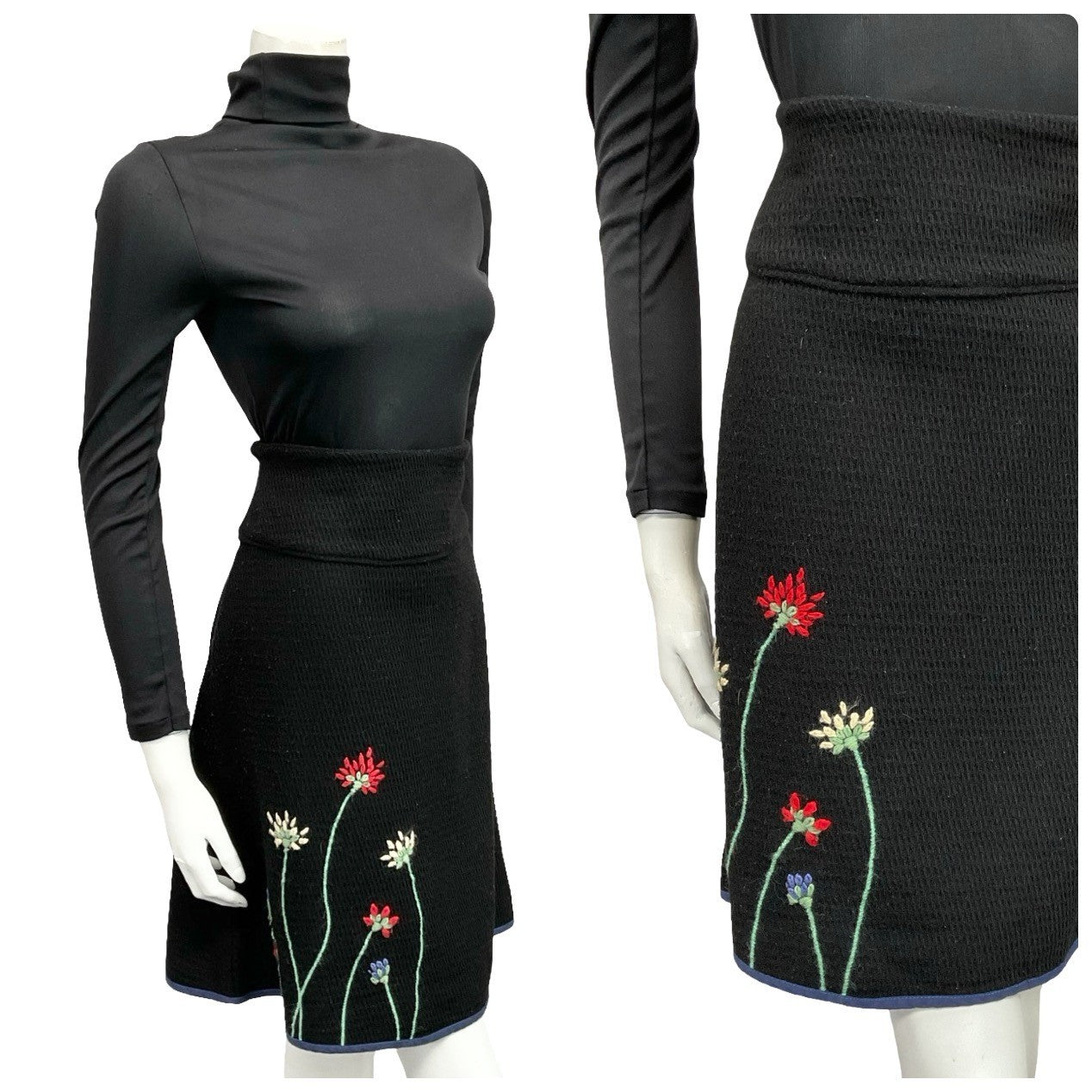 Mannequin wears a 60s 70s black floral embroidered knitted mini skirt with a black turtleneck