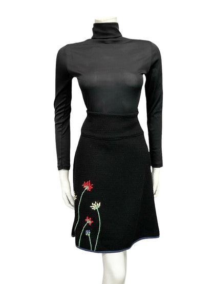 VTG 60S BLACK GREEN PINK WHITE FLORAL FOLK EMBROIDERED WOOL KNIT MINI SKIRT 12