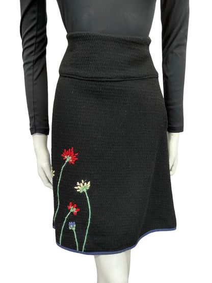 VTG 60S BLACK GREEN PINK WHITE FLORAL FOLK EMBROIDERED WOOL KNIT MINI SKIRT 12