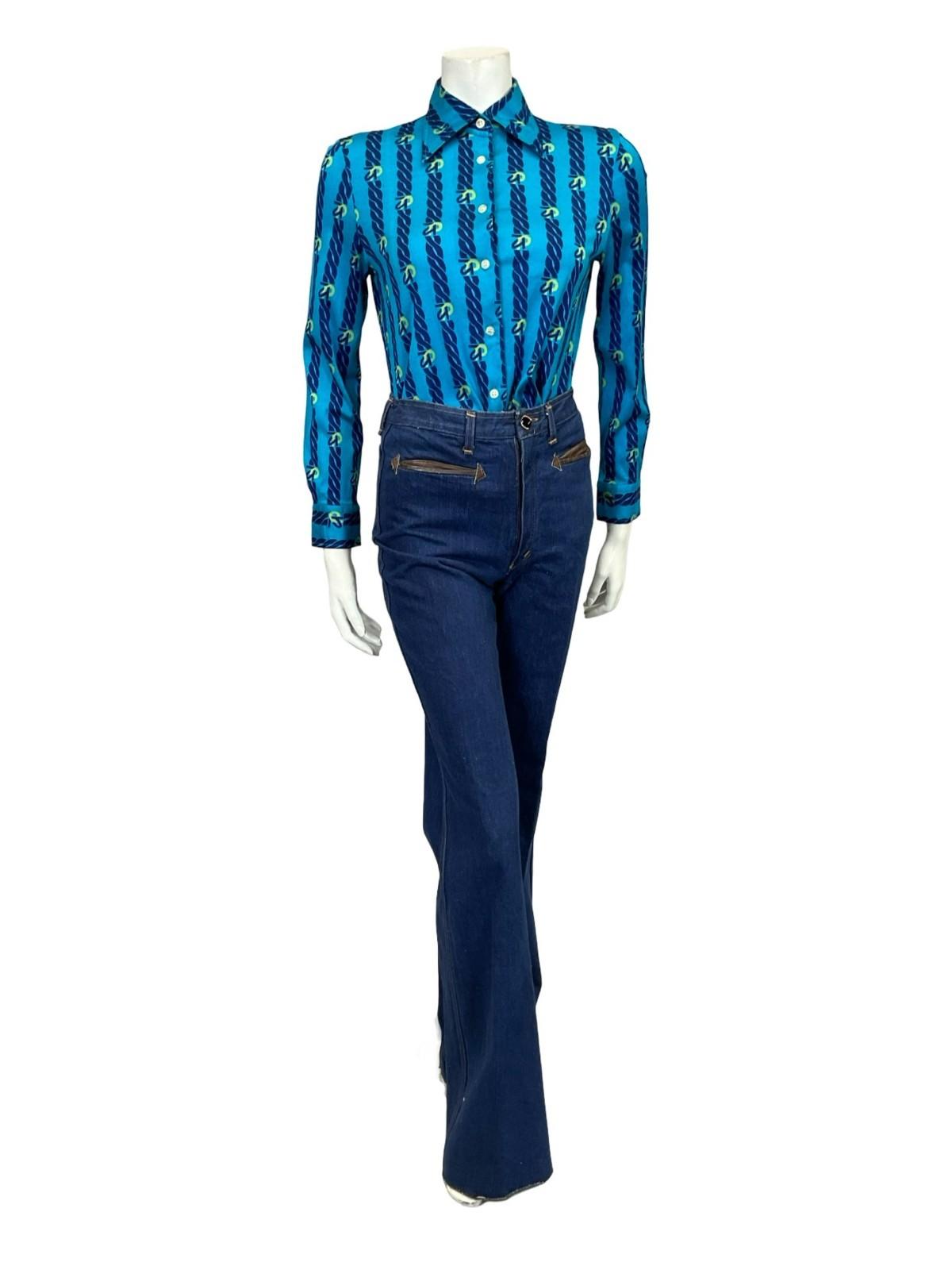 VTG 60S 70S JAPANESE BLUE YELLOW NAVY CHAIN STRIPE DAGGER GEOMETRIC SHIRT 10