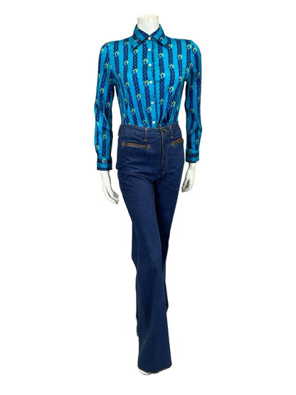 VTG 60S 70S JAPANESE BLUE YELLOW NAVY CHAIN STRIPE DAGGER GEOMETRIC SHIRT 10