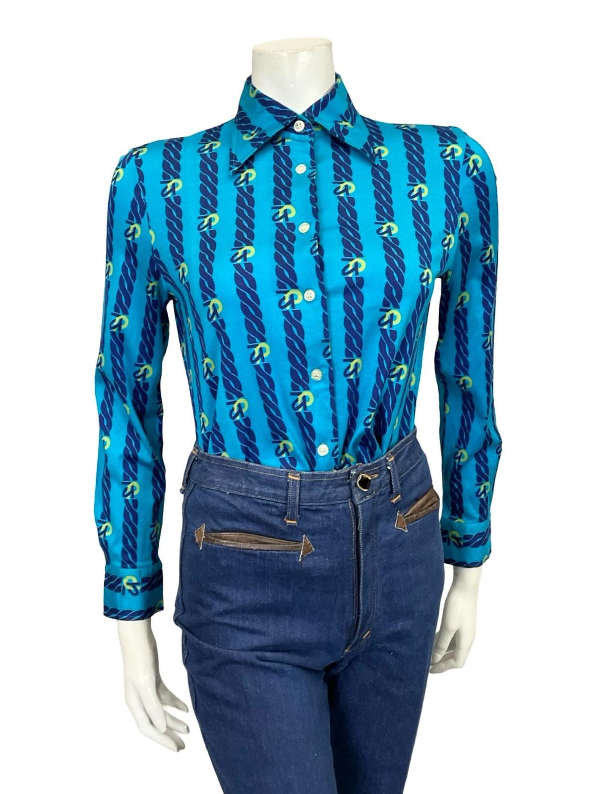 VTG 60S 70S JAPANESE BLUE YELLOW NAVY CHAIN STRIPE DAGGER GEOMETRIC SHIRT 10