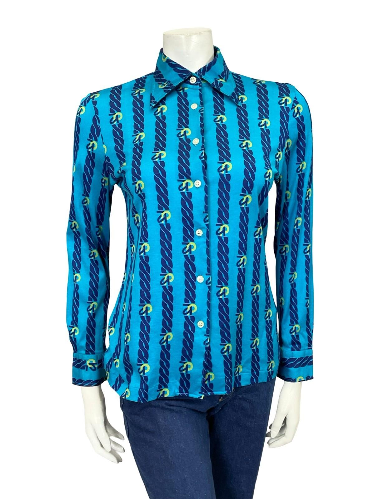 VTG 60S 70S JAPANESE BLUE YELLOW NAVY CHAIN STRIPE DAGGER GEOMETRIC SHIRT 10