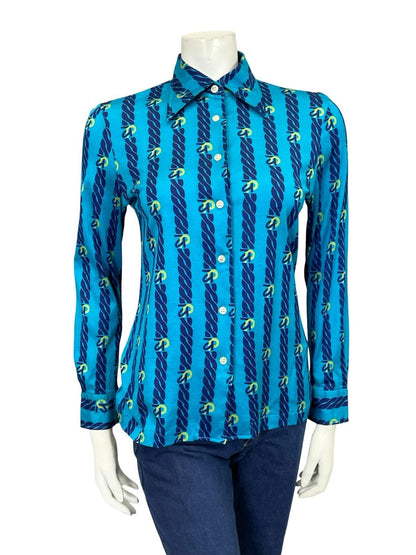 VTG 60S 70S JAPANESE BLUE YELLOW NAVY CHAIN STRIPE DAGGER GEOMETRIC SHIRT 10