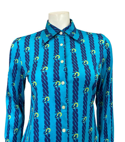 VTG 60S 70S JAPANESE BLUE YELLOW NAVY CHAIN STRIPE DAGGER GEOMETRIC SHIRT 10