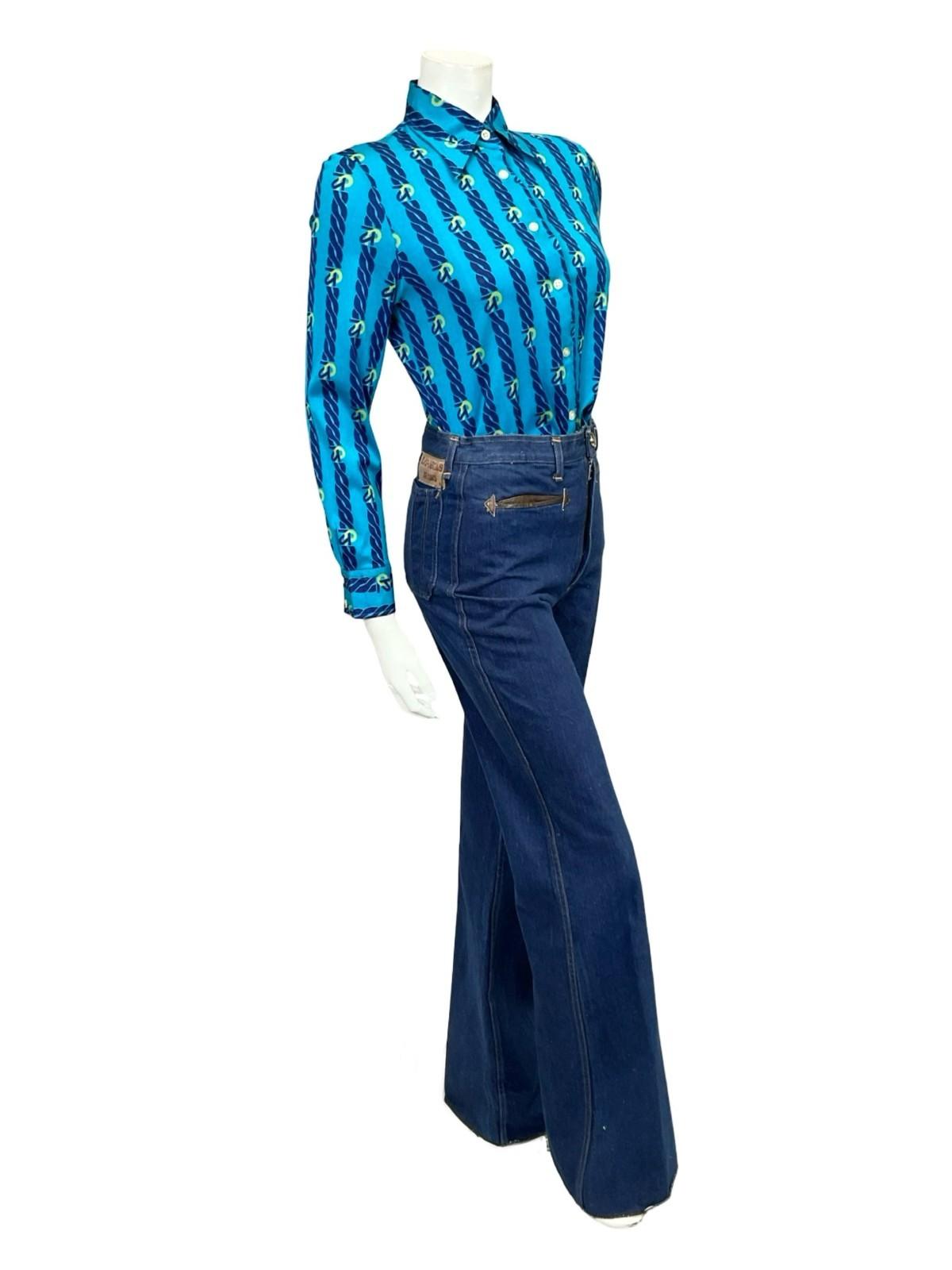 VTG 60S 70S JAPANESE BLUE YELLOW NAVY CHAIN STRIPE DAGGER GEOMETRIC SHIRT 10