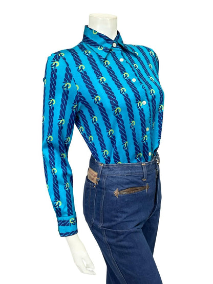 VTG 60S 70S JAPANESE BLUE YELLOW NAVY CHAIN STRIPE DAGGER GEOMETRIC SHIRT 10