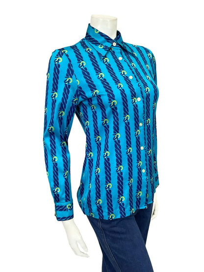 VTG 60S 70S JAPANESE BLUE YELLOW NAVY CHAIN STRIPE DAGGER GEOMETRIC SHIRT 10