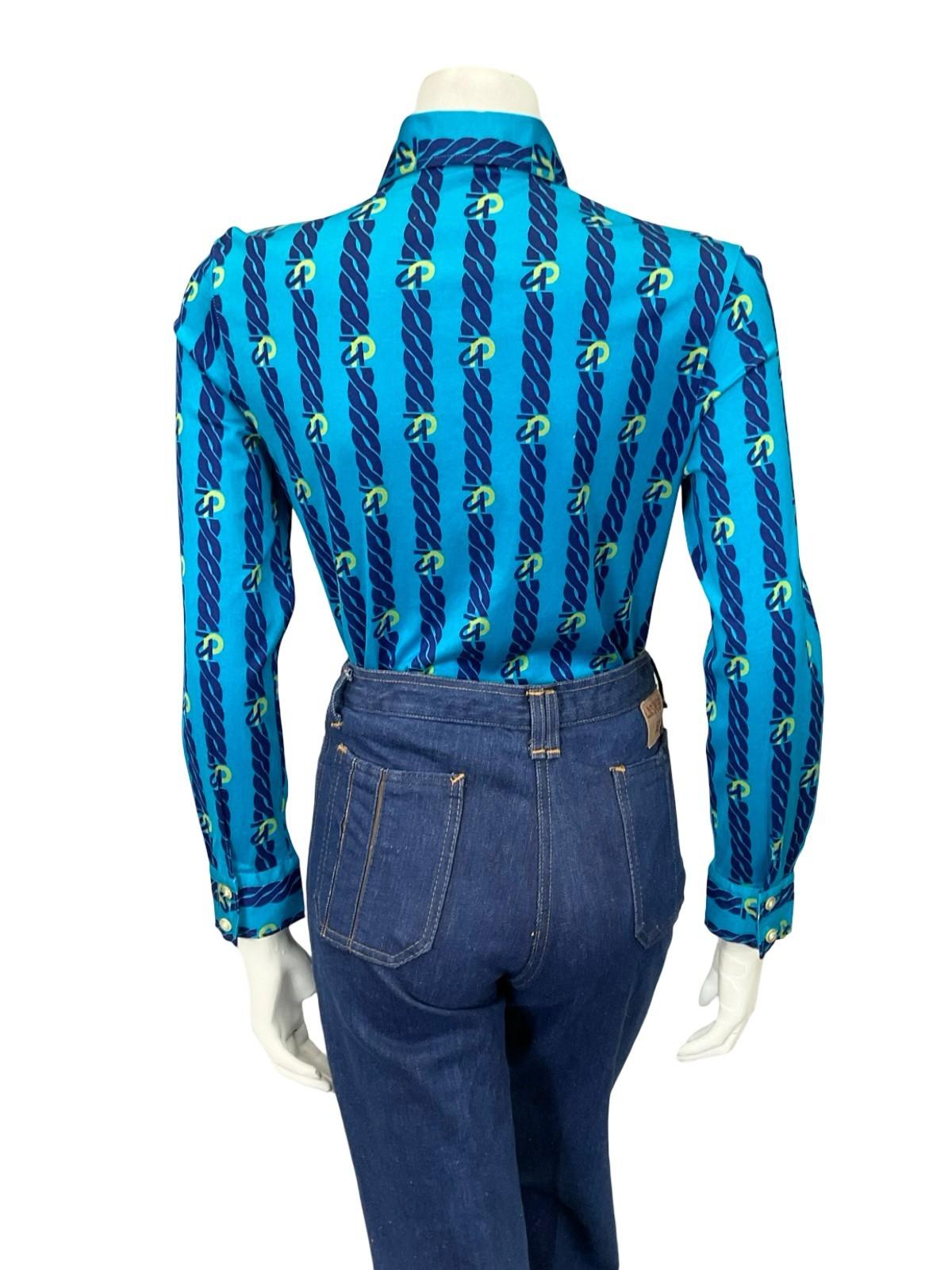 VTG 60S 70S JAPANESE BLUE YELLOW NAVY CHAIN STRIPE DAGGER GEOMETRIC SHIRT 10