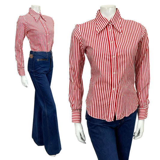VTG 60S 70S RED WHITE STRIPE GEOMETRIC MOD DAGGER COLLAR SHIRT 10 12