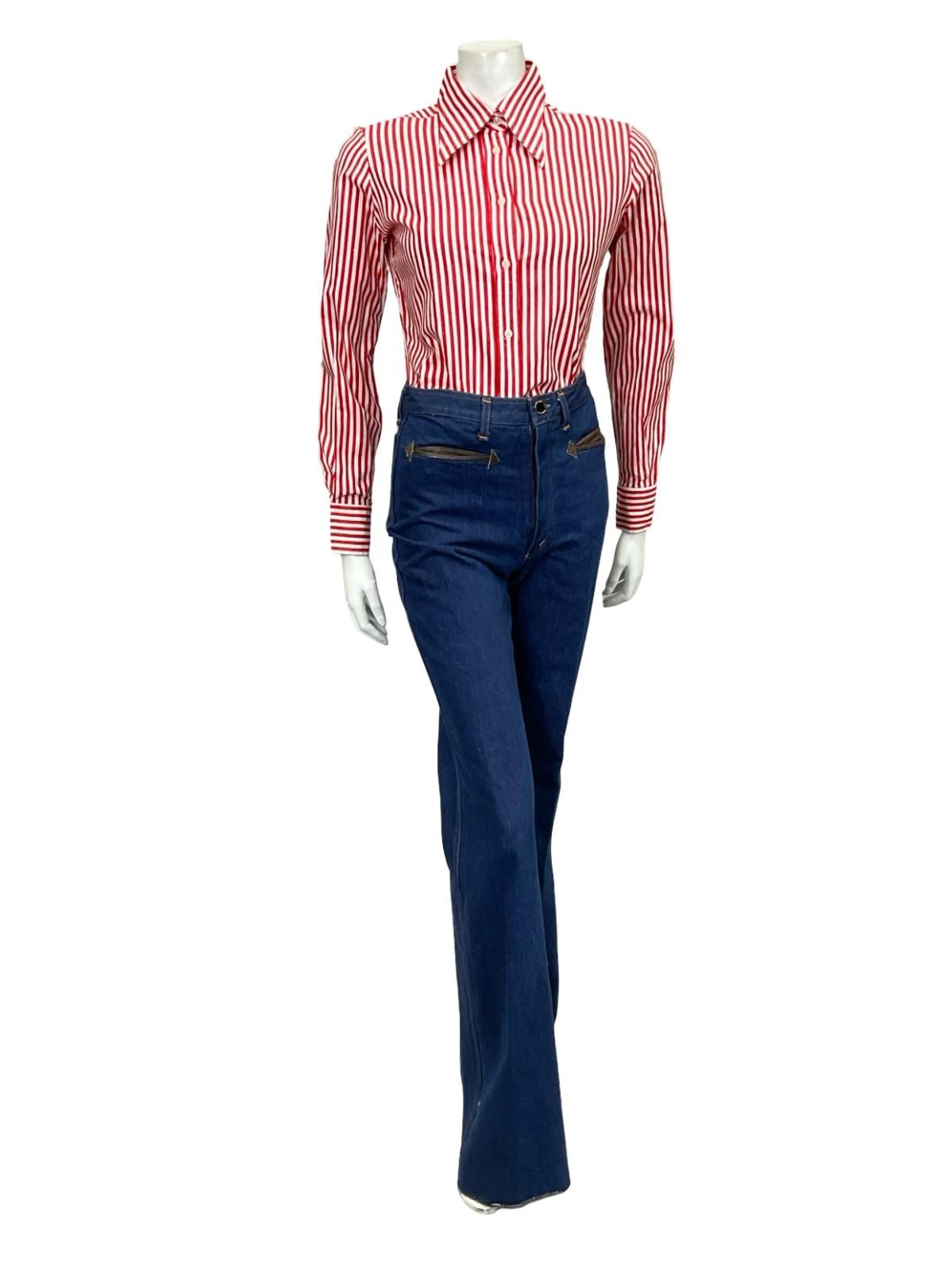 VTG 60S 70S RED WHITE STRIPE GEOMETRIC MOD DAGGER COLLAR SHIRT 10 12