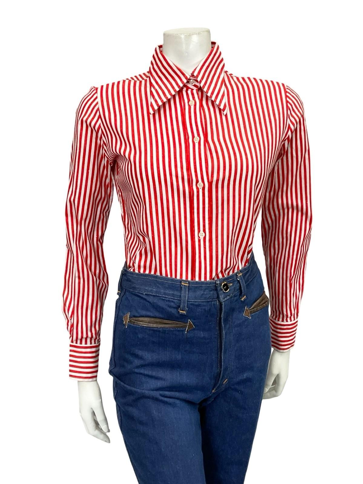 VTG 60S 70S RED WHITE STRIPE GEOMETRIC MOD DAGGER COLLAR SHIRT 10 12
