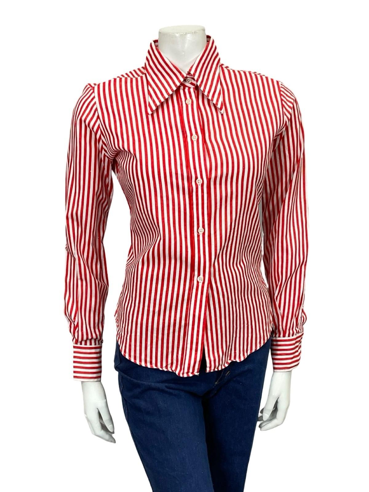VTG 60S 70S RED WHITE STRIPE GEOMETRIC MOD DAGGER COLLAR SHIRT 10 12