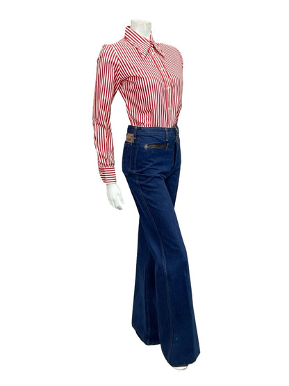 VTG 60S 70S RED WHITE STRIPE GEOMETRIC MOD DAGGER COLLAR SHIRT 10 12