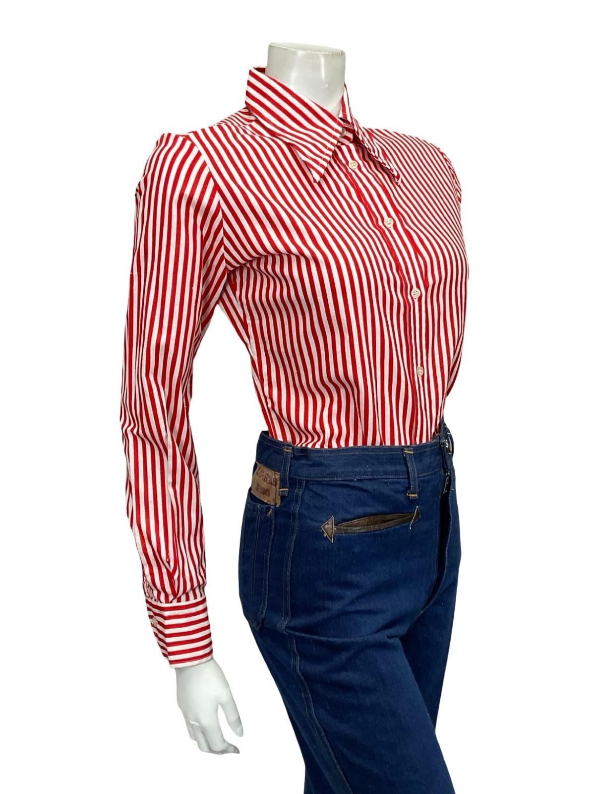 VTG 60S 70S RED WHITE STRIPE GEOMETRIC MOD DAGGER COLLAR SHIRT 10 12