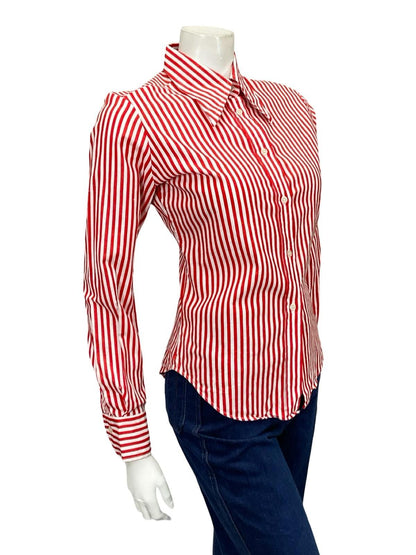 VTG 60S 70S RED WHITE STRIPE GEOMETRIC MOD DAGGER COLLAR SHIRT 10 12