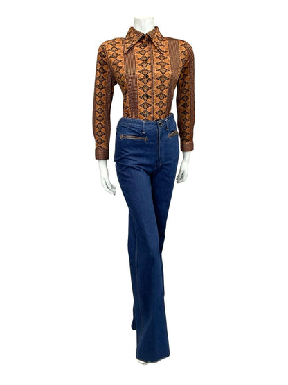 VTG 70S BROWN BLACK JAPANESE CHECKERBOARD ART NOUVEAU DAGGER SHIRT 12