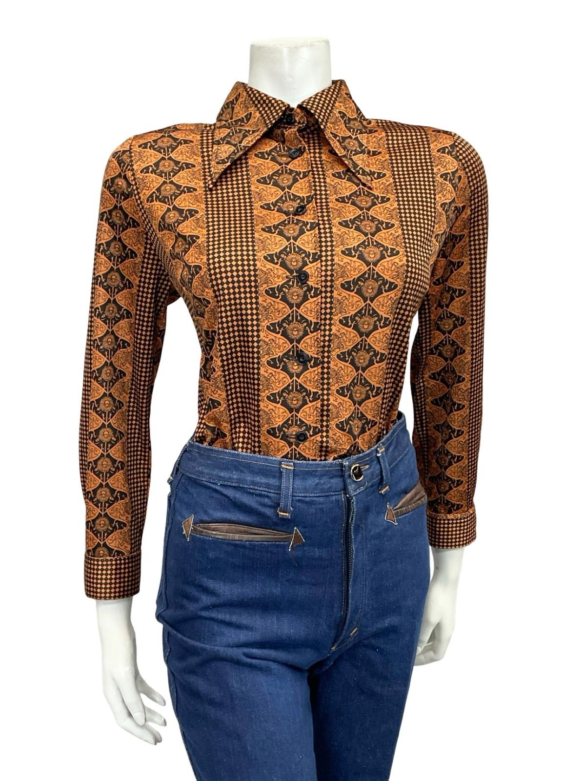 VTG 70S BROWN BLACK JAPANESE CHECKERBOARD ART NOUVEAU DAGGER SHIRT 12