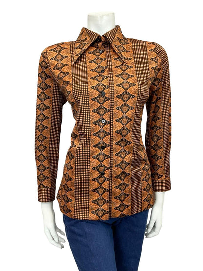 VTG 70S BROWN BLACK JAPANESE CHECKERBOARD ART NOUVEAU DAGGER SHIRT 12