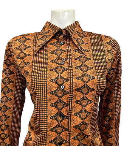 VTG 70S BROWN BLACK JAPANESE CHECKERBOARD ART NOUVEAU DAGGER SHIRT 12
