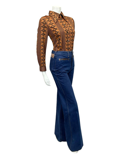 VTG 70S BROWN BLACK JAPANESE CHECKERBOARD ART NOUVEAU DAGGER SHIRT 12