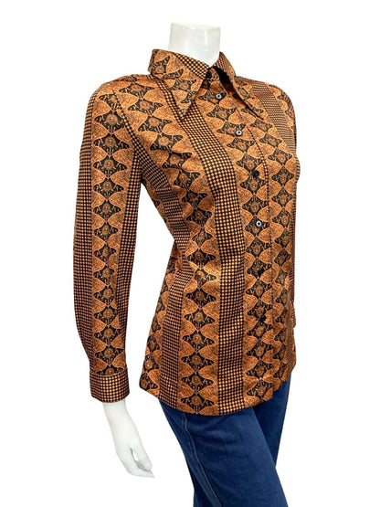 VTG 70S BROWN BLACK JAPANESE CHECKERBOARD ART NOUVEAU DAGGER SHIRT 12