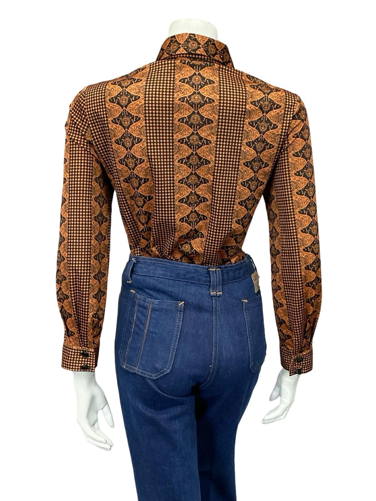 VTG 70S BROWN BLACK JAPANESE CHECKERBOARD ART NOUVEAU DAGGER SHIRT 12