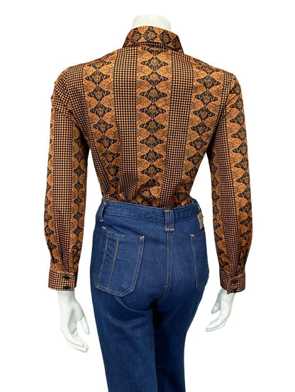 VTG 70S BROWN BLACK JAPANESE CHECKERBOARD ART NOUVEAU DAGGER SHIRT 12