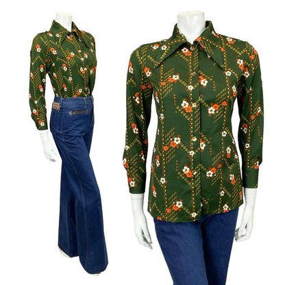 VTG 60S 70S GREEN ORANGE YELLOW BROWN FLORAL GEOMETRIC DAGGER MOD SHIRT 12