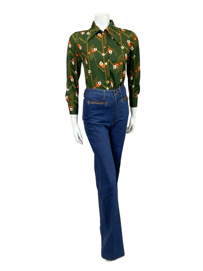VTG 60S 70S GREEN ORANGE YELLOW BROWN FLORAL GEOMETRIC DAGGER MOD SHIRT 12