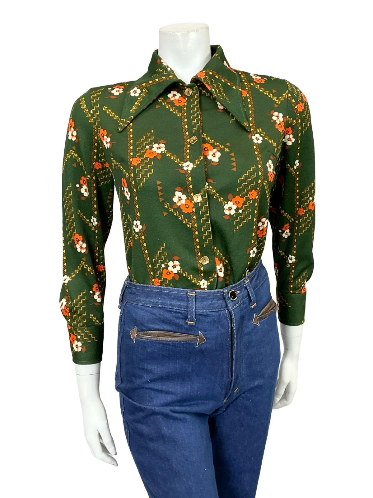 VTG 60S 70S GREEN ORANGE YELLOW BROWN FLORAL GEOMETRIC DAGGER MOD SHIRT 12