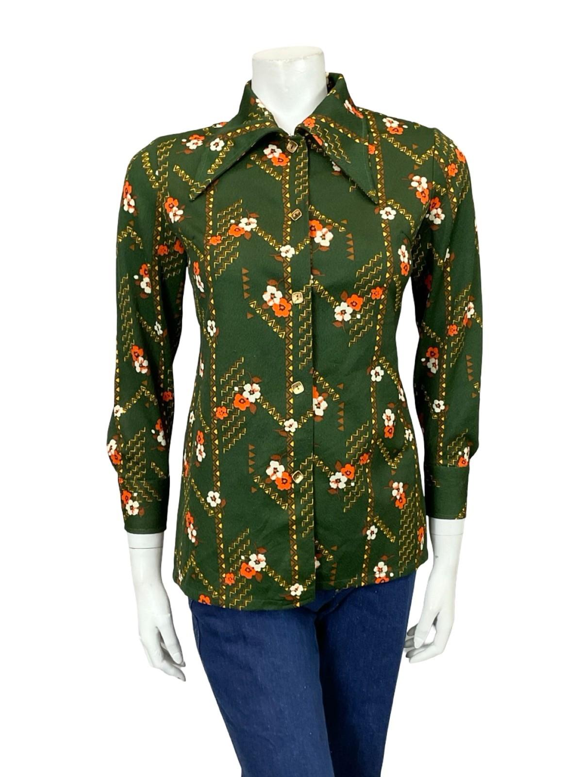 VTG 60S 70S GREEN ORANGE YELLOW BROWN FLORAL GEOMETRIC DAGGER MOD SHIRT 12