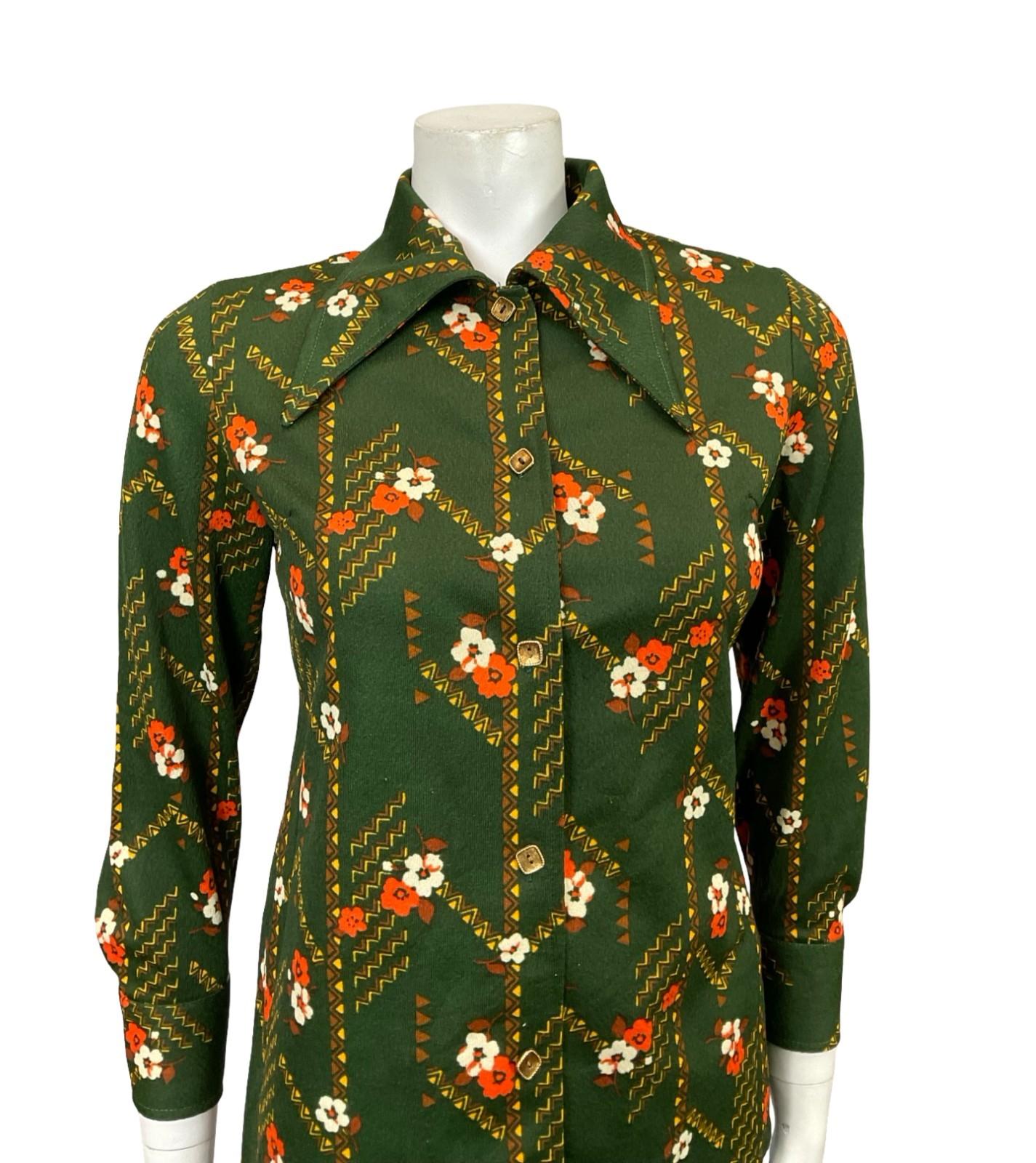 VTG 60S 70S GREEN ORANGE YELLOW BROWN FLORAL GEOMETRIC DAGGER MOD SHIRT 12