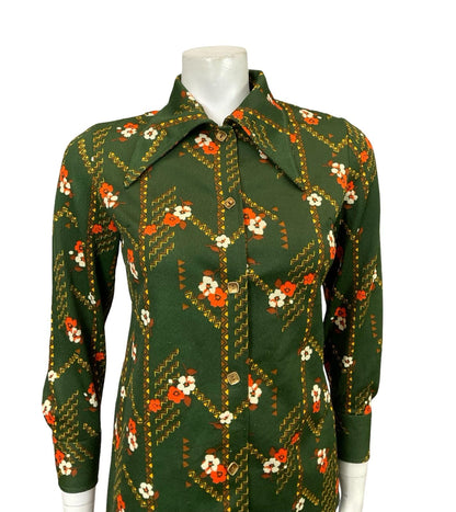 VTG 60S 70S GREEN ORANGE YELLOW BROWN FLORAL GEOMETRIC DAGGER MOD SHIRT 12