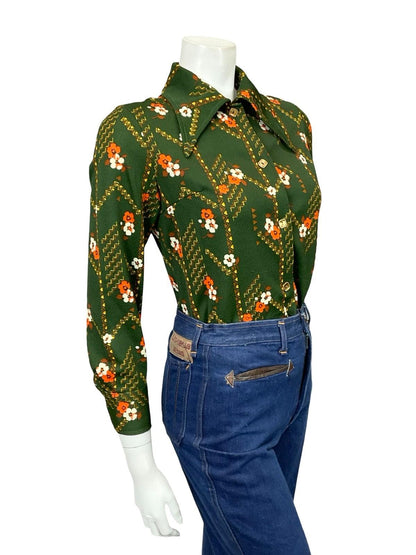 VTG 60S 70S GREEN ORANGE YELLOW BROWN FLORAL GEOMETRIC DAGGER MOD SHIRT 12