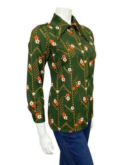 VTG 60S 70S GREEN ORANGE YELLOW BROWN FLORAL GEOMETRIC DAGGER MOD SHIRT 12