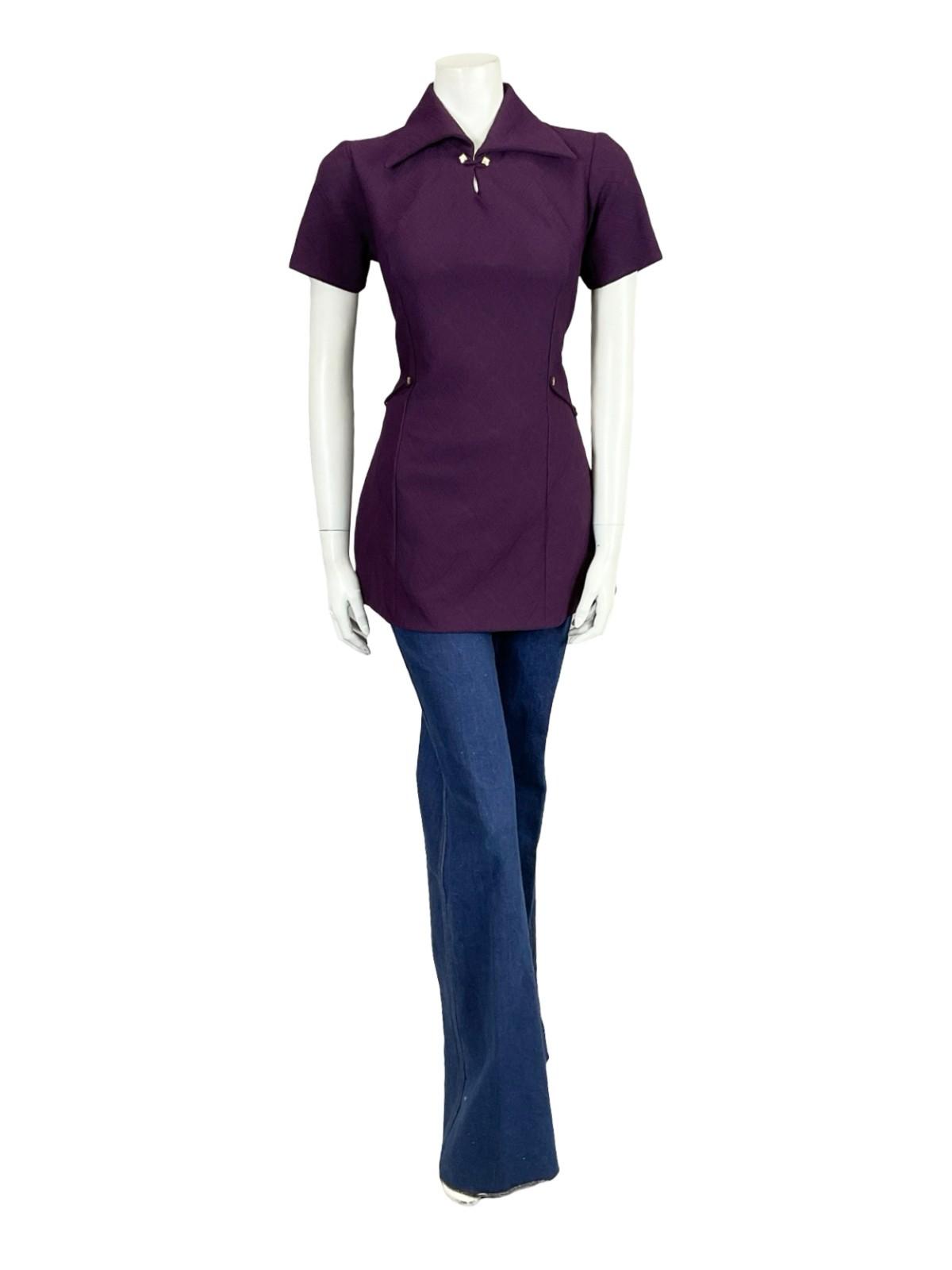 VTG 60S 70S AUBERGINE PURPLE MOD GOGO SPACE AGE GOLD KEYHOLE TUNIC TOP 10