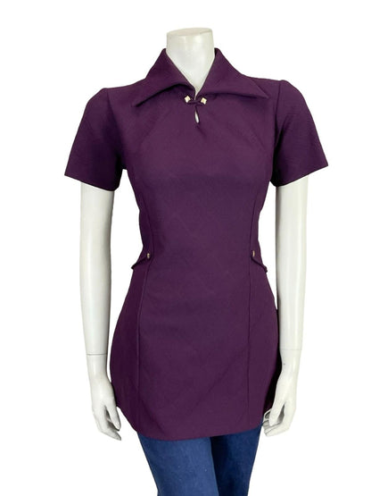 VTG 60S 70S AUBERGINE PURPLE MOD GOGO SPACE AGE GOLD KEYHOLE TUNIC TOP 10