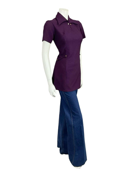 VTG 60S 70S AUBERGINE PURPLE MOD GOGO SPACE AGE GOLD KEYHOLE TUNIC TOP 10