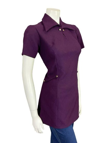 VTG 60S 70S AUBERGINE PURPLE MOD GOGO SPACE AGE GOLD KEYHOLE TUNIC TOP 10