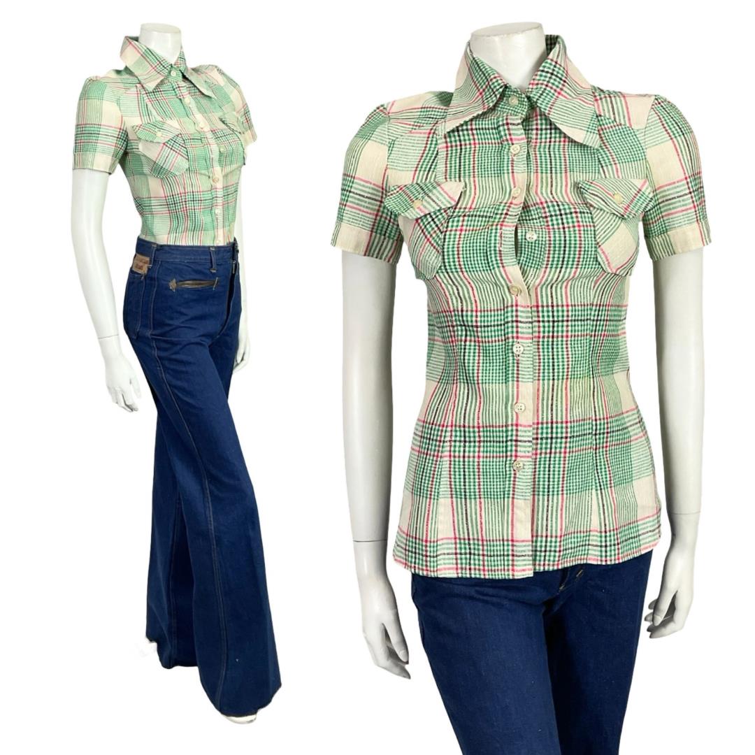 VTG 60S 70S GREEN PINK BEIGE BLACK MOD PLAID DAGGER COLLAR SHORT SLEEVE SHIRT 4