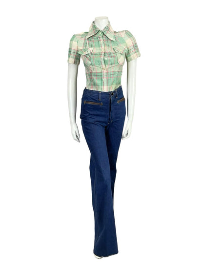 VTG 60S 70S GREEN PINK BEIGE BLACK MOD PLAID DAGGER COLLAR SHORT SLEEVE SHIRT 4