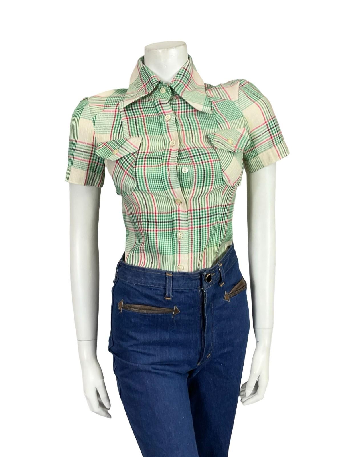 VTG 60S 70S GREEN PINK BEIGE BLACK MOD PLAID DAGGER COLLAR SHORT SLEEVE SHIRT 4