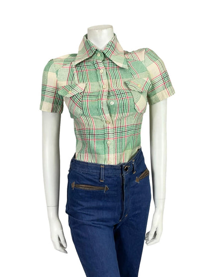 VTG 60S 70S GREEN PINK BEIGE BLACK MOD PLAID DAGGER COLLAR SHORT SLEEVE SHIRT 4